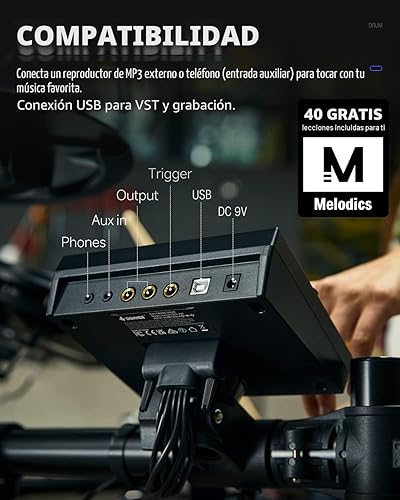 Miniatura 3 de Donner DED-200 - Baterías Eléctricas con Almohadillas de Malla Silenciosa, 2 Platillos con Ahogador, 31 Kits y más de 450 Sonidos, Banqueta