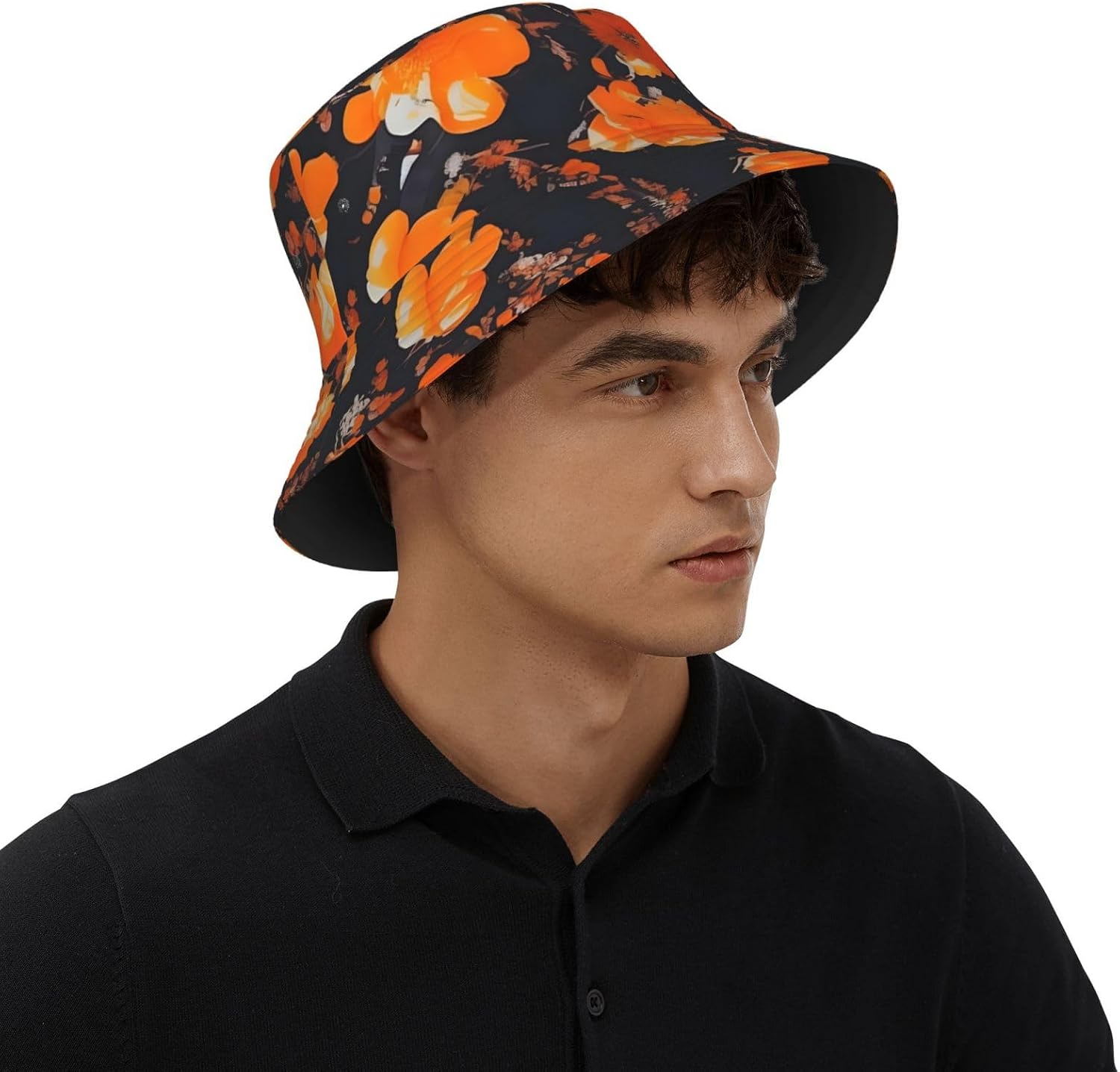 Set of Ornate Floral Print Bucket Hat for Men Women,Fun Sun Hats,Fisherman Outdoor Summer Travel Hiking Cap Black