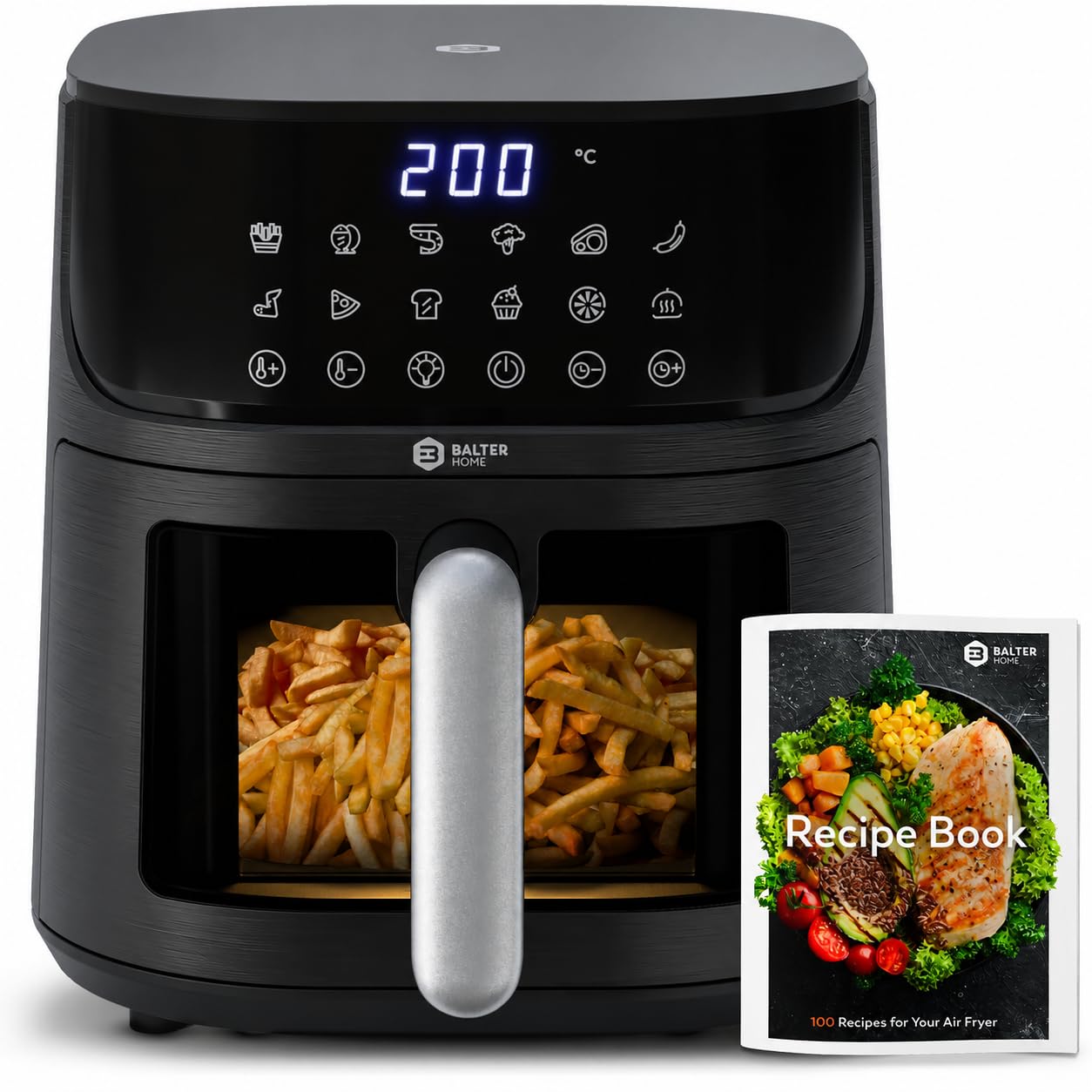 Balter Air Fryer 5.5L, AirFryer with Viewing Window, 12 Programs, Up to 85% Less Oil, Shake Reminder, Auto Shut-Off, Dishwasher-Safe, 100 Recipes book
