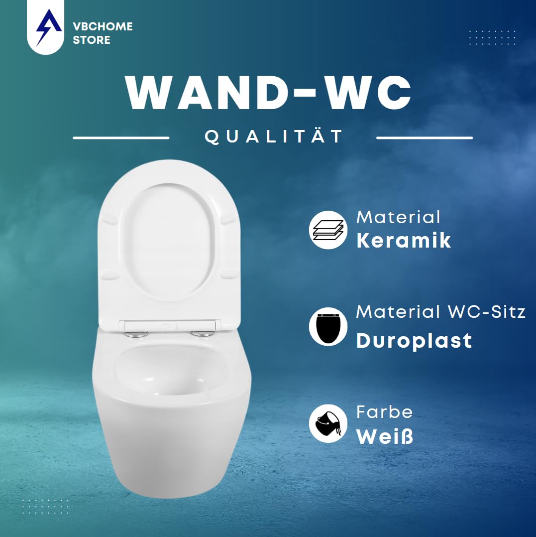 VBChome WC sospeso senza bordi in ceramica con coperchio WC WC in Duroplast abbassamento automatico Rimless SoftClose, WC ovale a forma di parete, WC