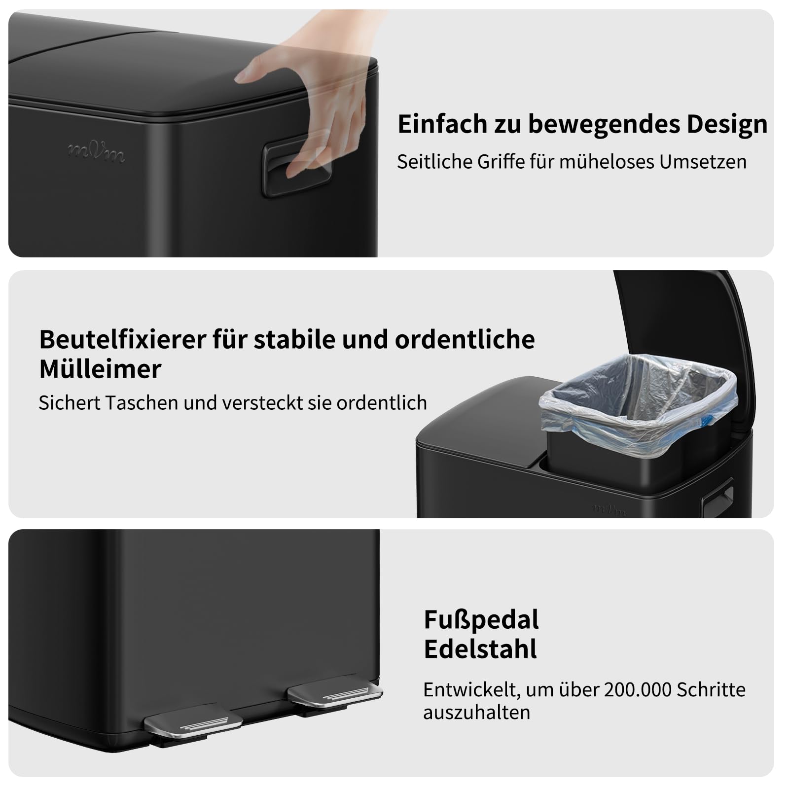 mVm Poubelle à Double Compartiment 2 x 30L,Poubelle Cuisine Tri Sélectif 60L,Poubelle à Pédale,2 Compartiments,Couvercles,Fermeture Douce, Acier Inoxydable,Hermétique,Anti Odeurs,Poignées