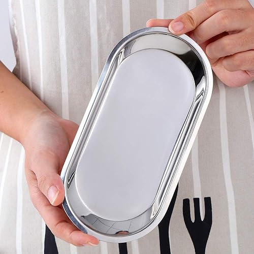 Miniatura 6 de Buyer star Bandeja ovalada de acero inoxidable de 7.3 pulgadas, bandeja de almacenamiento para frutas, plato de platos, cosméticos, joyería,
