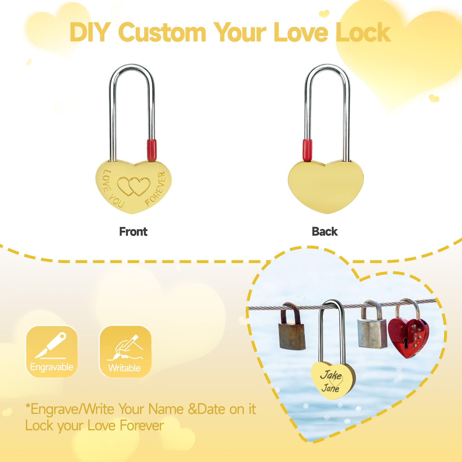 5 candados de latón con corazón único de 3.5 pulgadas, 50 mm, candado de metal grabado Love-You-Forever para puente Lovelock, boda y aniversario (sin llave)