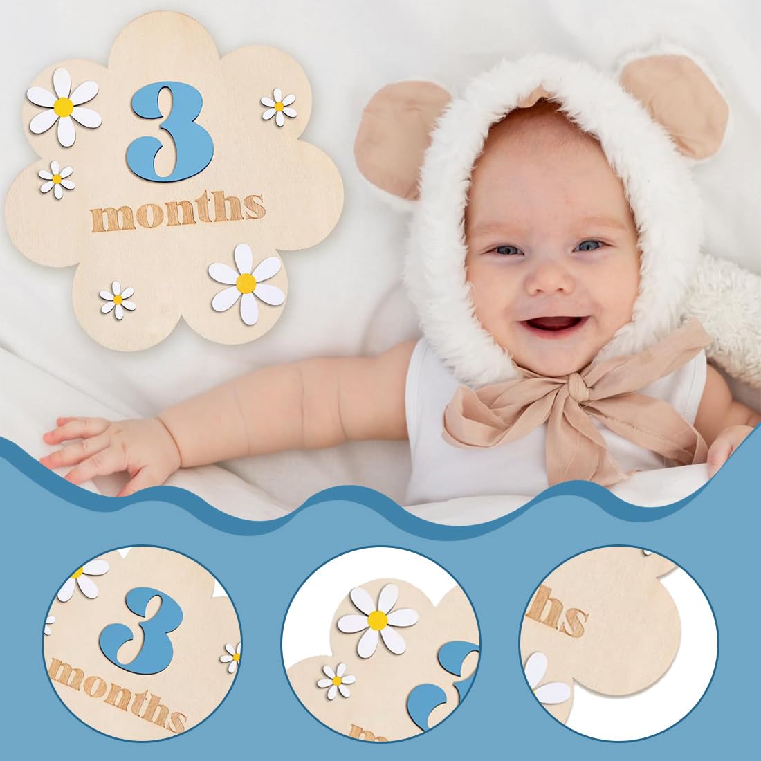 Étapes Bébé en Bois, 1 set Cartes Mensuelles Bebe, Style Floral, Accessoires Photo pour Nourrissons de 0 à 12 Mois, Enregistrement de Croissance, Carte Mois par Mois