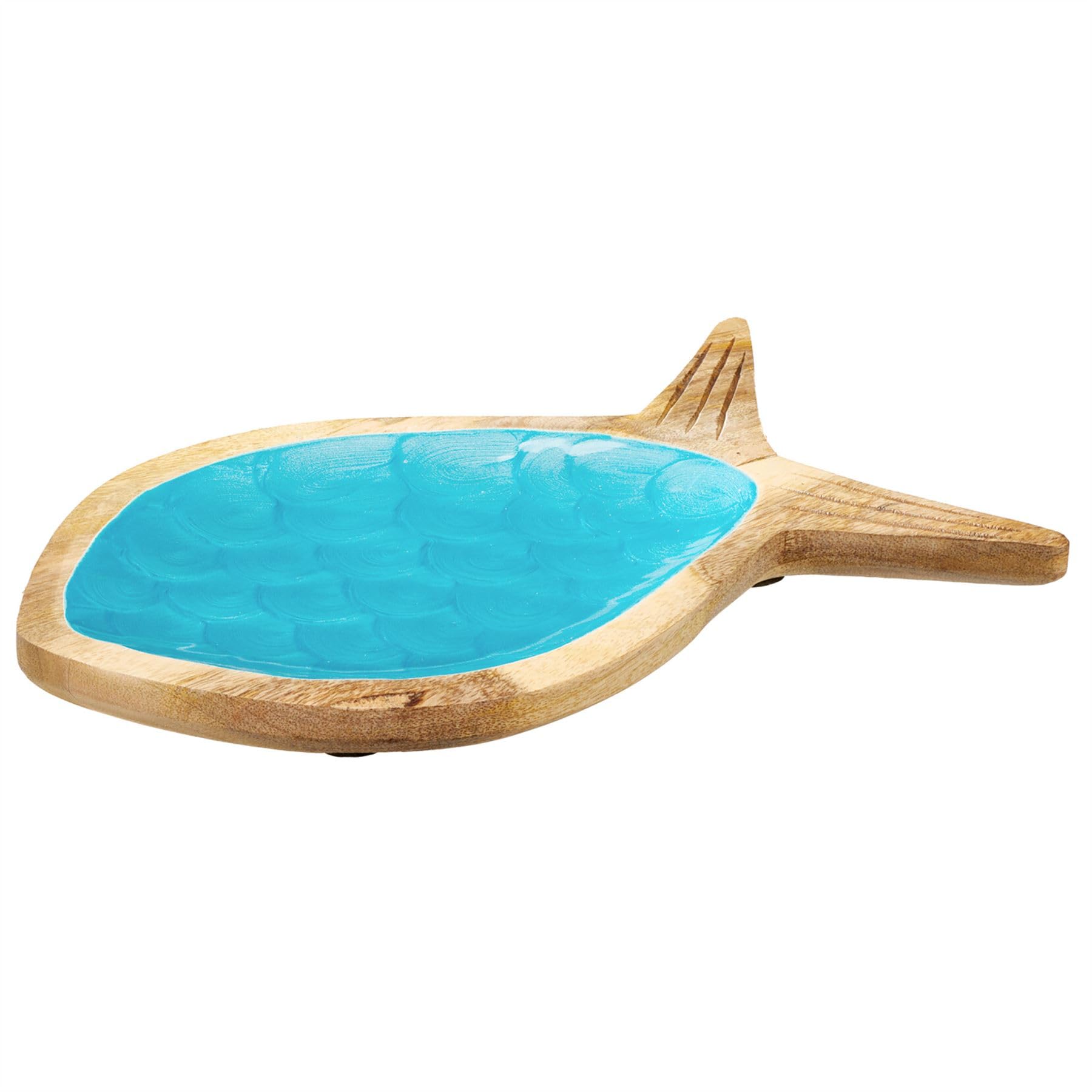 Carousel Home Fish Shaped Blue Enamel Trinket Dish, 30cm Mango Wood Coastal Jewellery Dish, Nautical Tray