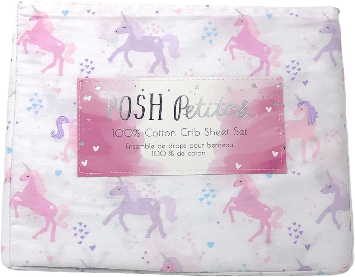 Unicorn Heart Confetti Pastel Colors Pink 100% Cotton Plus Bonus Pillowcase Baby Crib Sheet