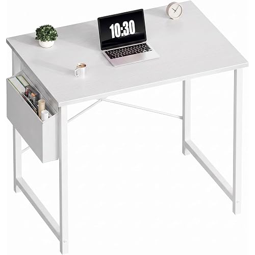OLIXIS Small Computer Desk, 31 Inch Home Office Desks, Writing Study Craft Work Gaming Table, Computer Workstation for Bedroom Small Spaces with Storage Bag, All White