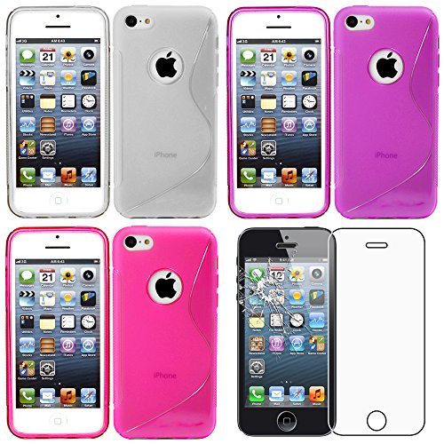 ebestStar   Pack x3 Funda Compatible con iPhone SE 5S 5 Carcasa Gel Silicona S línea, S Line Case Cover, Transparente, Violeta, Rosa + Cristal Templado