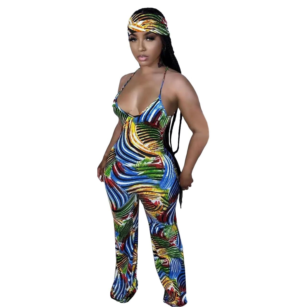 2023 Tute da Donna Sexy con Cinturino per Spaghetti Jumpsuits alla Moda con Stampa Geometrica Playsuits Aderenti con La Fascia