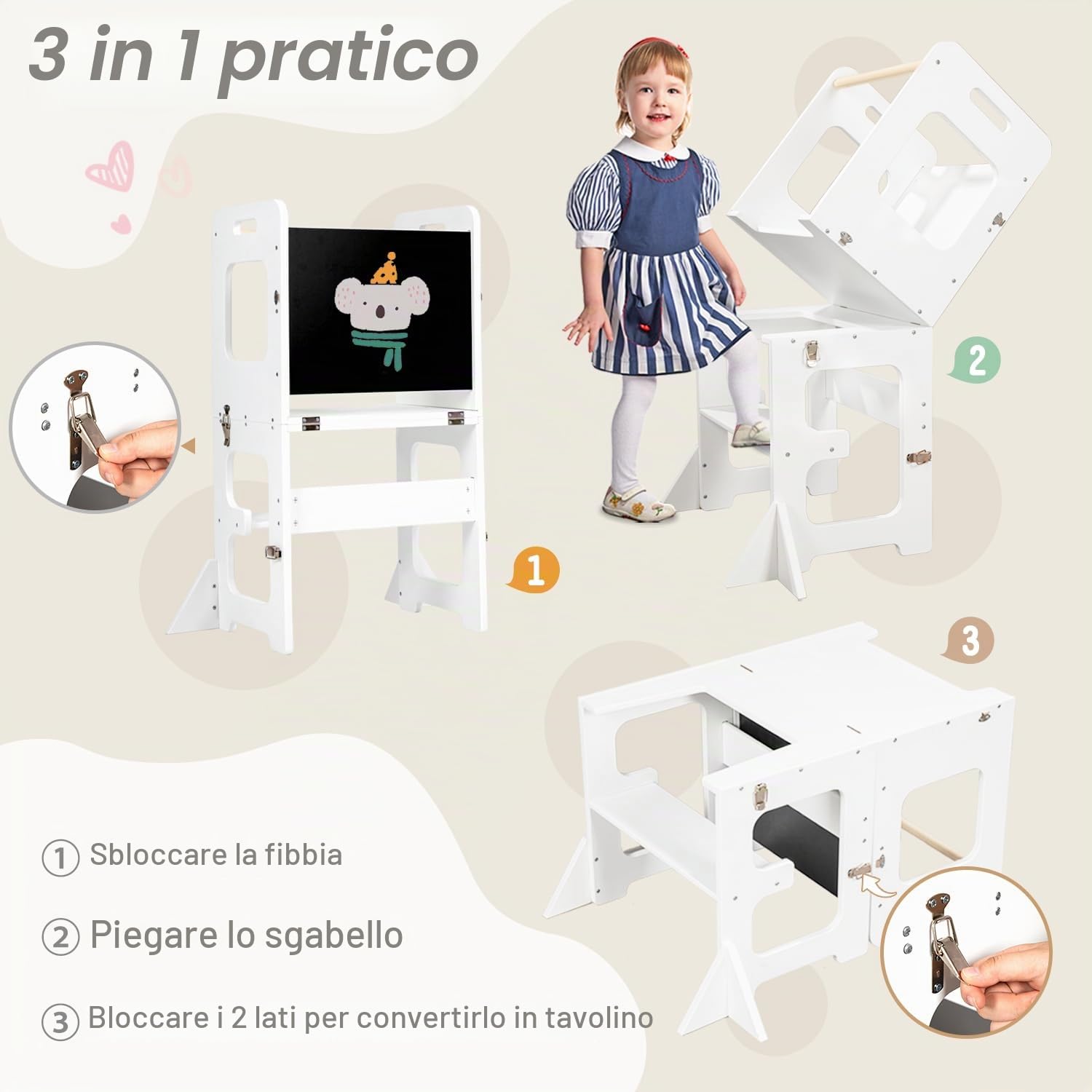 Torre montessoriana per bambini, 3 in 1 Multifunzionale Torre di apprendimento con lavagna, montessoriana Learning Tower Con tavolo da disegno scala montessoriana per bambini legnoso (Bianco)