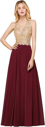 MisShow Backless Lace Embroidery Bridesmaid Dresses V-Neck Long Evening Formal Gowns for Women Burgundy Large