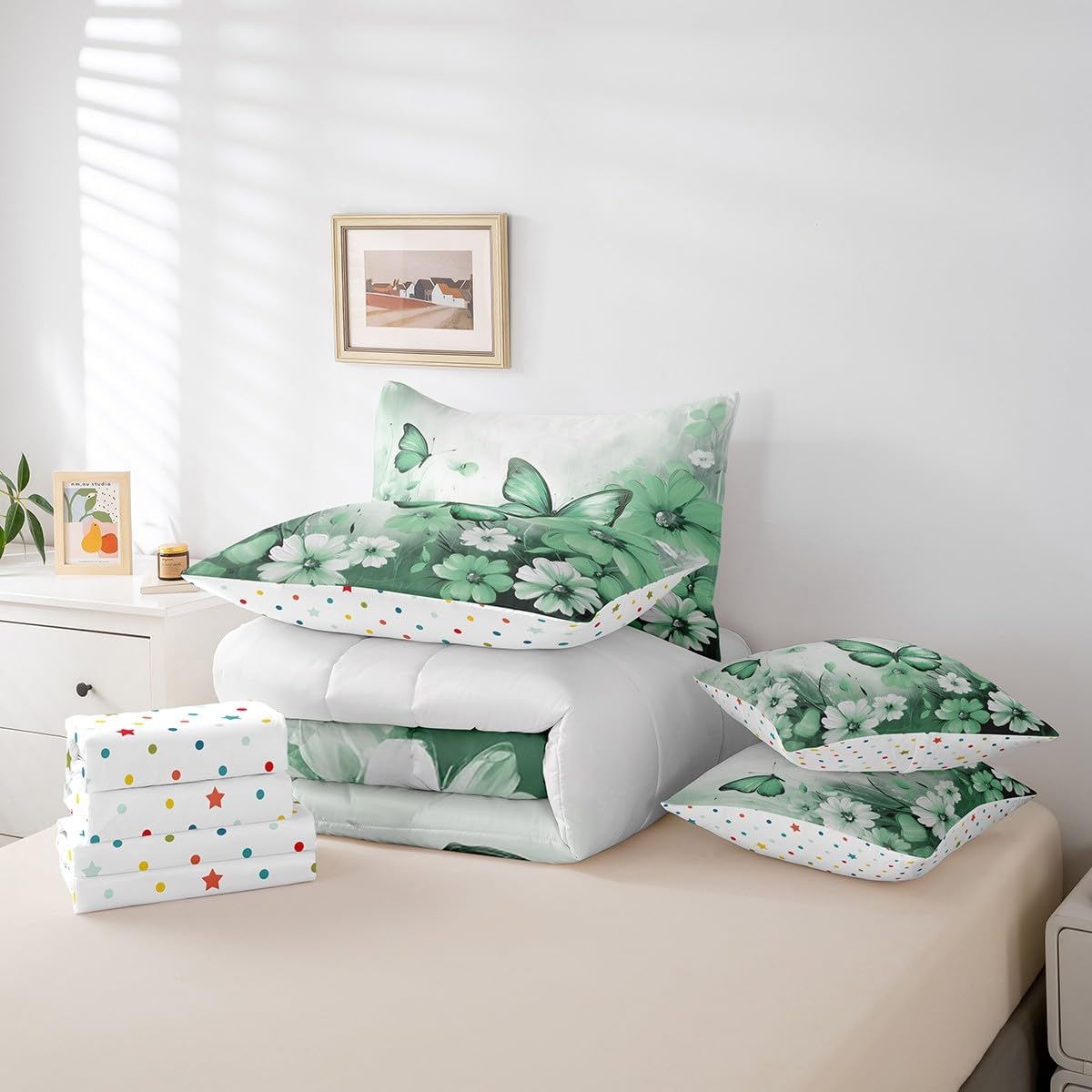 Erosebridal Butterfly Flowers Bed in a Bag Queen Comforter Set 7 Piece,Cyan Ombre Art Oil Painting Floral Bedding Sets Rustic Aesthetic Animal Daisy Flower Sheet Set with Comforter