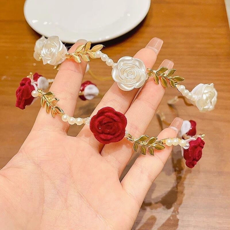 Red Rose Pearl Headband Princess Flower Crown Hair Accessories Gold Leaf with Floral Hairband Wedding Headpiece Hair Jewelry for Women Ladies Hairdress - Image 4