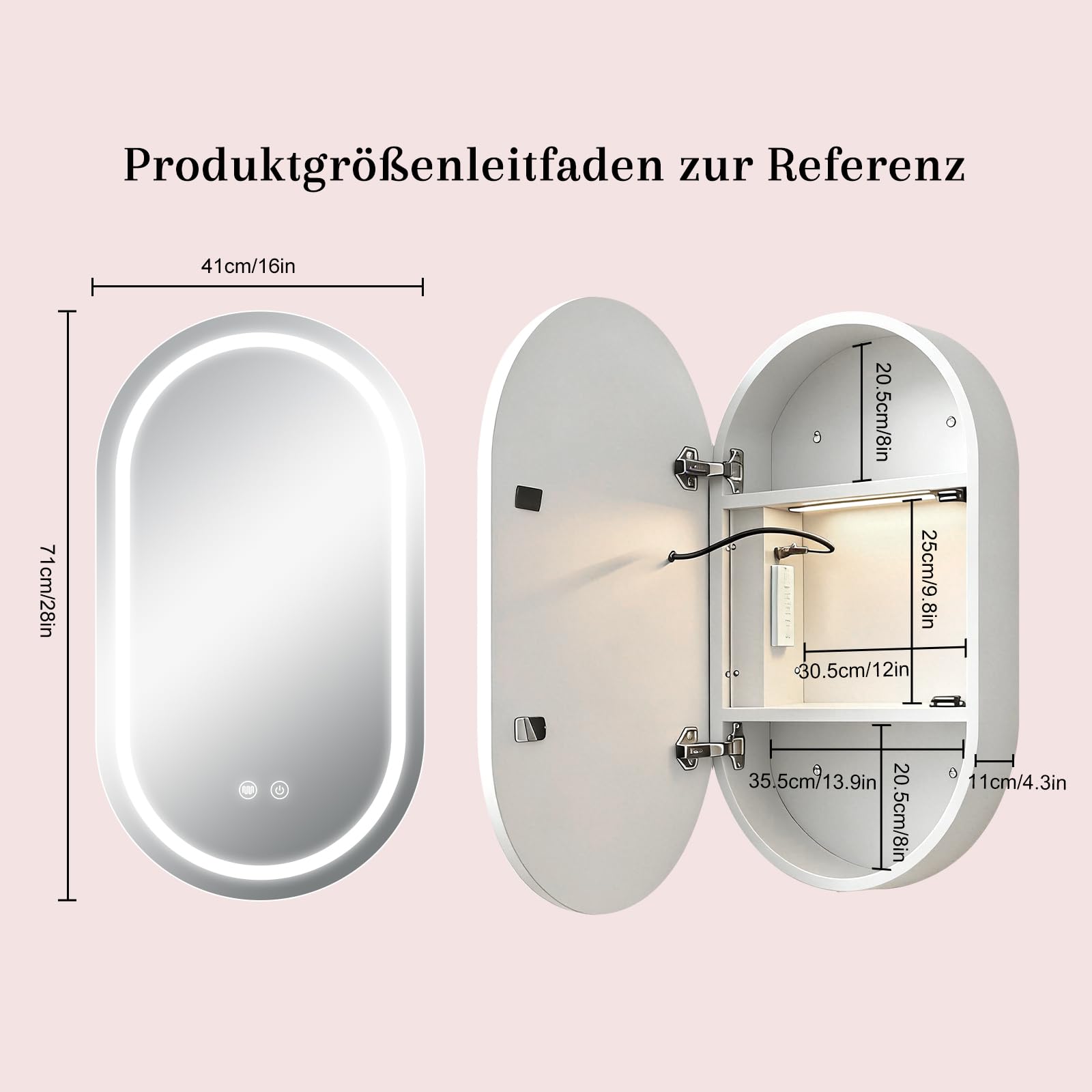41cm×71cm Oval Spiegelschrank Bad mit Beleuchtung,LED-Spiegelschrank für das Badezimmer,3 Farbtemperaturen & Helligkeit einstellbar,Rasierdose mit USB-Anschluss,Innenbeleuchtung,Weiß