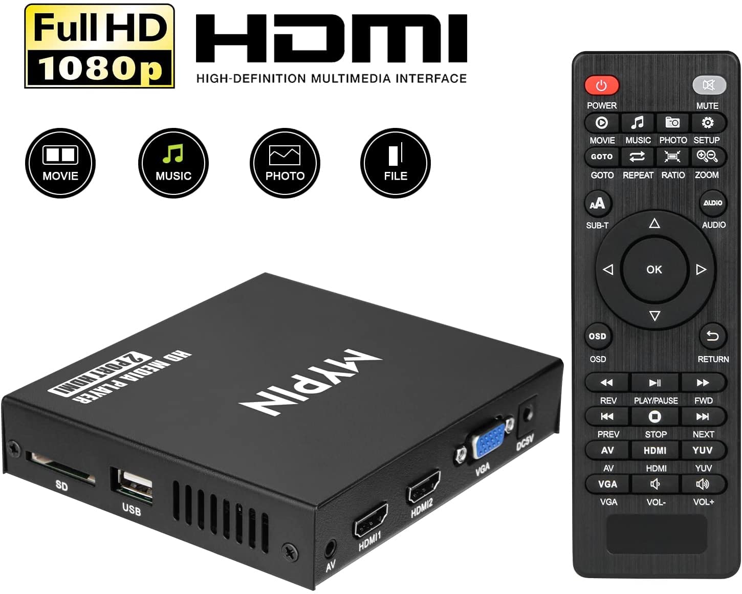 Lecteur Multimédia 4k, MYPIN HD Media Player HDMI Soutien 8TB HDD/Clé USB 256G /Carte SD et Sortie HDMI/AV pour HDTV/PPT MKV AVI MP4 H.265 (HA0153)