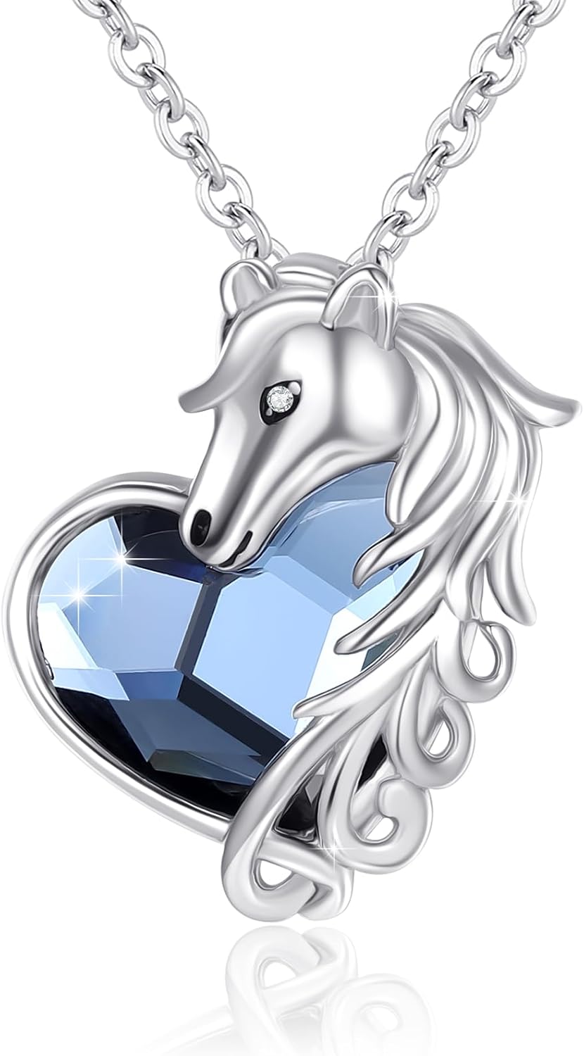 Celtic Horse Necklace S925 Sterling Silver Blue Circle Crystal Celtic Knot Horse Pendant Horse Equestrian Jewelry Gift for Women Wife Daughter BBS Horse Love