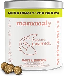 Lachsöl Drops für Hunde - 200 Leckerli (340g) von mammaly - Mit Lachs, Vitamin D & Omega 3 für Haut und Fell/Skin & Coat, Fellpflege & Hautpflege - Kann bei Haarausfall unterstützen für deinen Hund