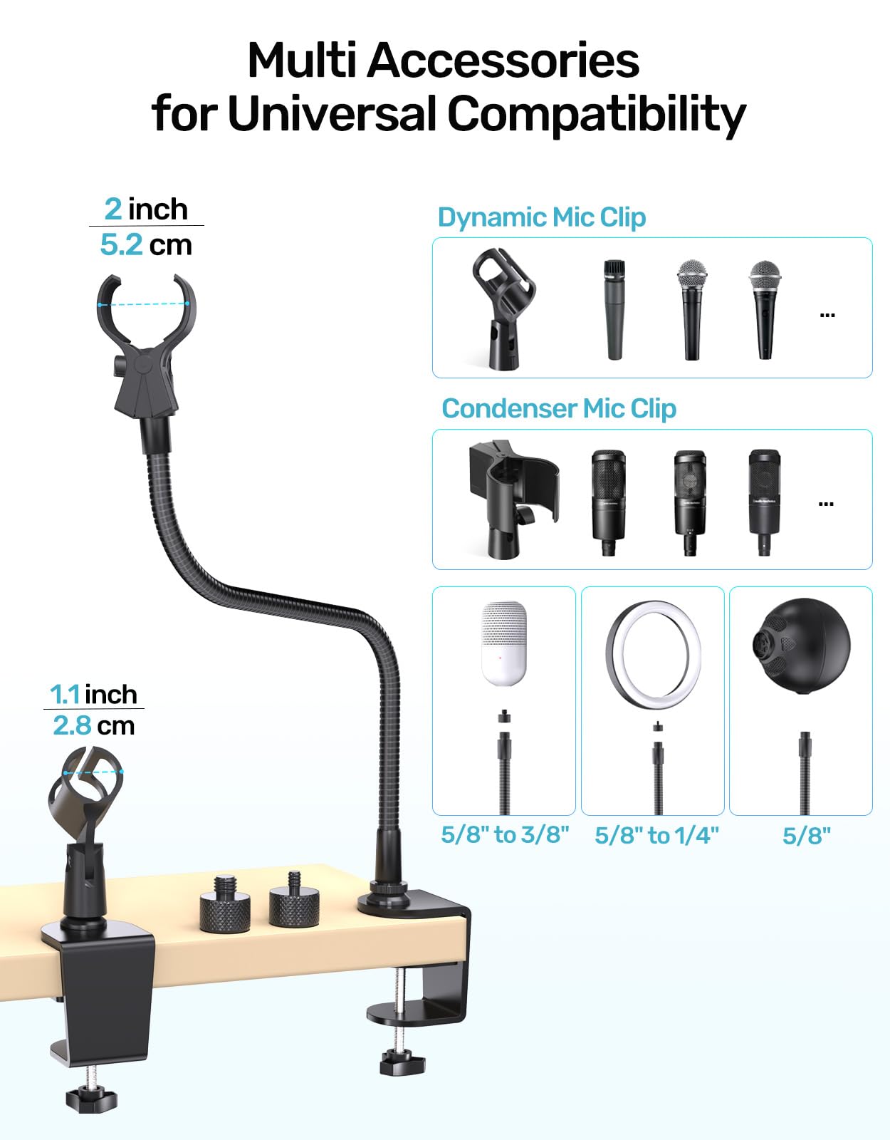 Etour 19-inch Gooseneck Microphone Stand with Desk Clamp, High Weight Capacity & Flexible Gooseneck Arm with 2 Mic Holders - Image 3