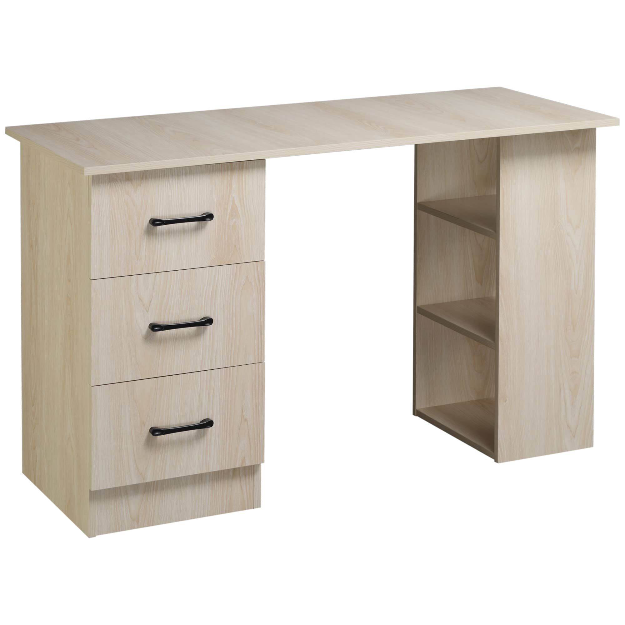 HOMCOM Bureau d'ordinateur avec 3 tiroirs et 3 étagères ouvertes, 120x49x72cm, bureau avec rangement réversible, style moderne, table informatique pour chambre, petit espace, télétravail, bois naturel