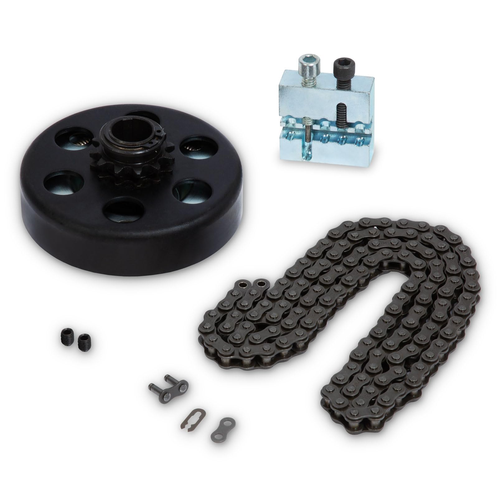 EBERTH Fliehkraftkupplung für Welle 19,05mm Ø, Kettenradkupplung mit Kette Typ 35# 1,2m und Toolkit, Zahn-Fliehkraftkupplung, Zentrifugalkupplung Ritzel 12 Zähne #35, Go Kart, Pocket Bike, Motorrad