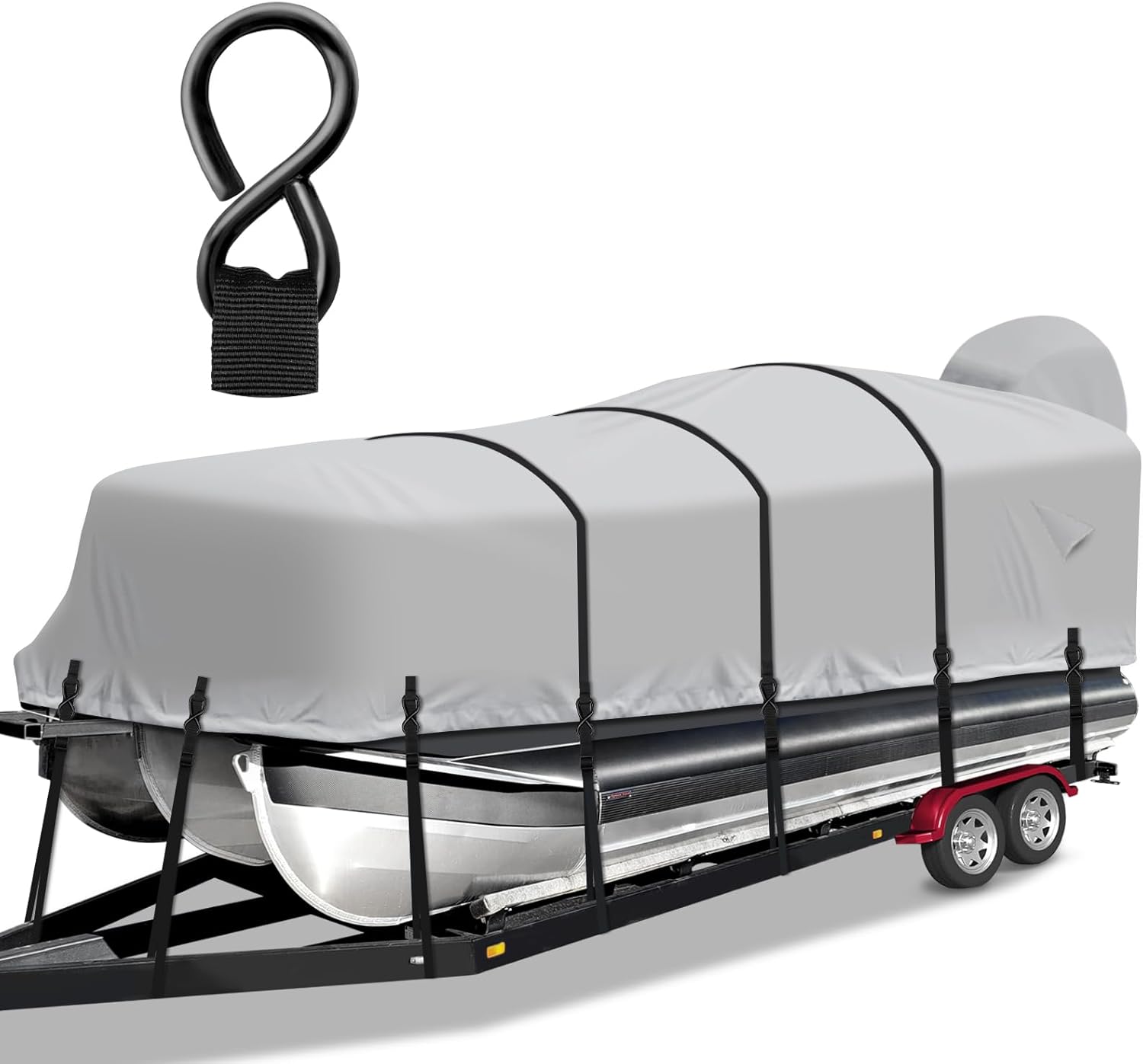 Pontoon Boat Cover,1200D Heavy Duty Waterproof Pontoon Cover with Motor Cover and Windproof Adjustable Metal Hook, 21-24 ft,Gray