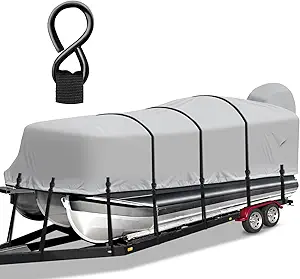 Pontoon Boat Cover, Heavy Duty 1200D Waterproof Pontoon Cover with Motor Cover and Windproof Adjustable Metal Buckle, 17-20 ft, Gray