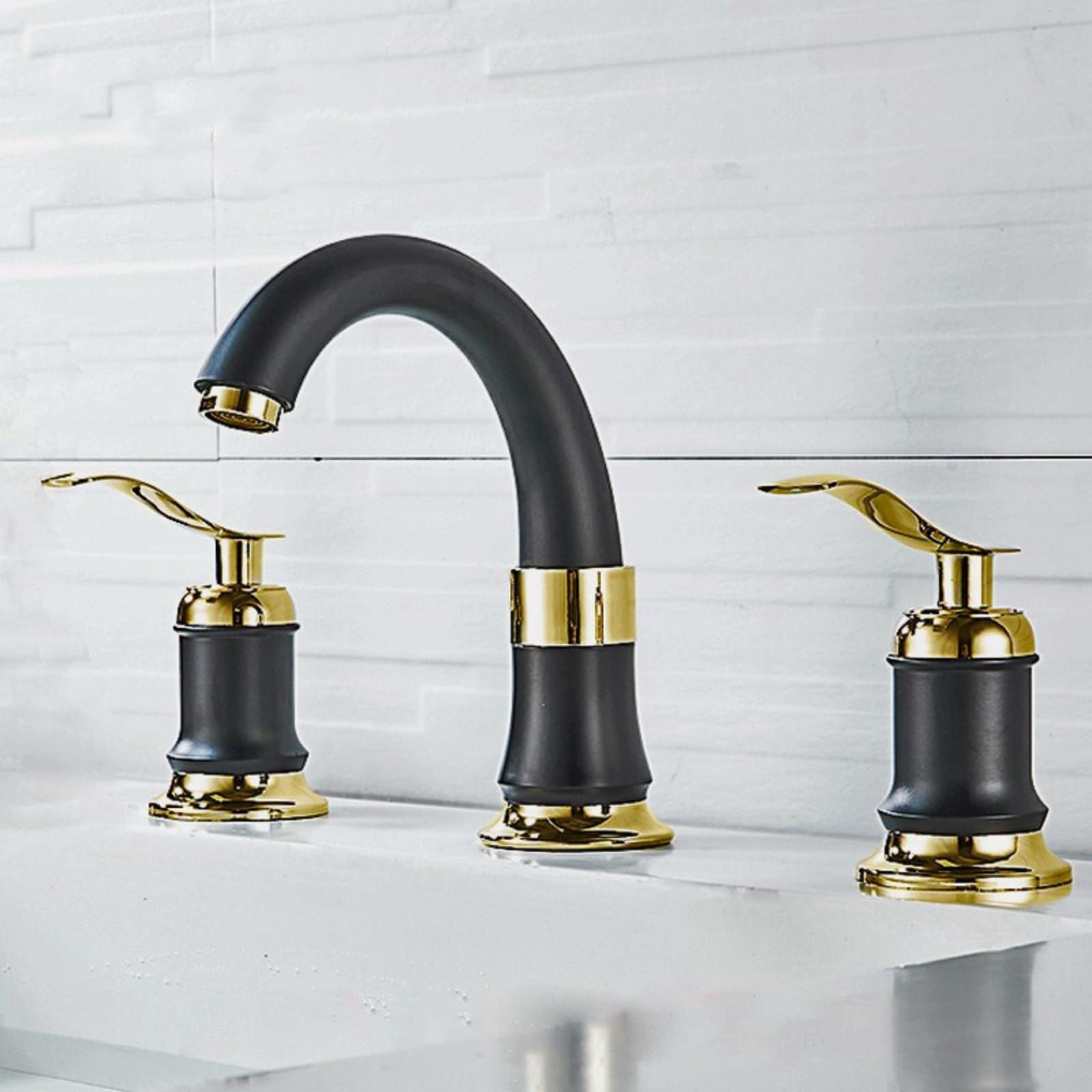 Grifo para Lavabo de baño de 3 Orificios con manijas Dobles para Agua fría y Caliente, Elegante Acabado en y Dorado (Negro) para baños de Lujo