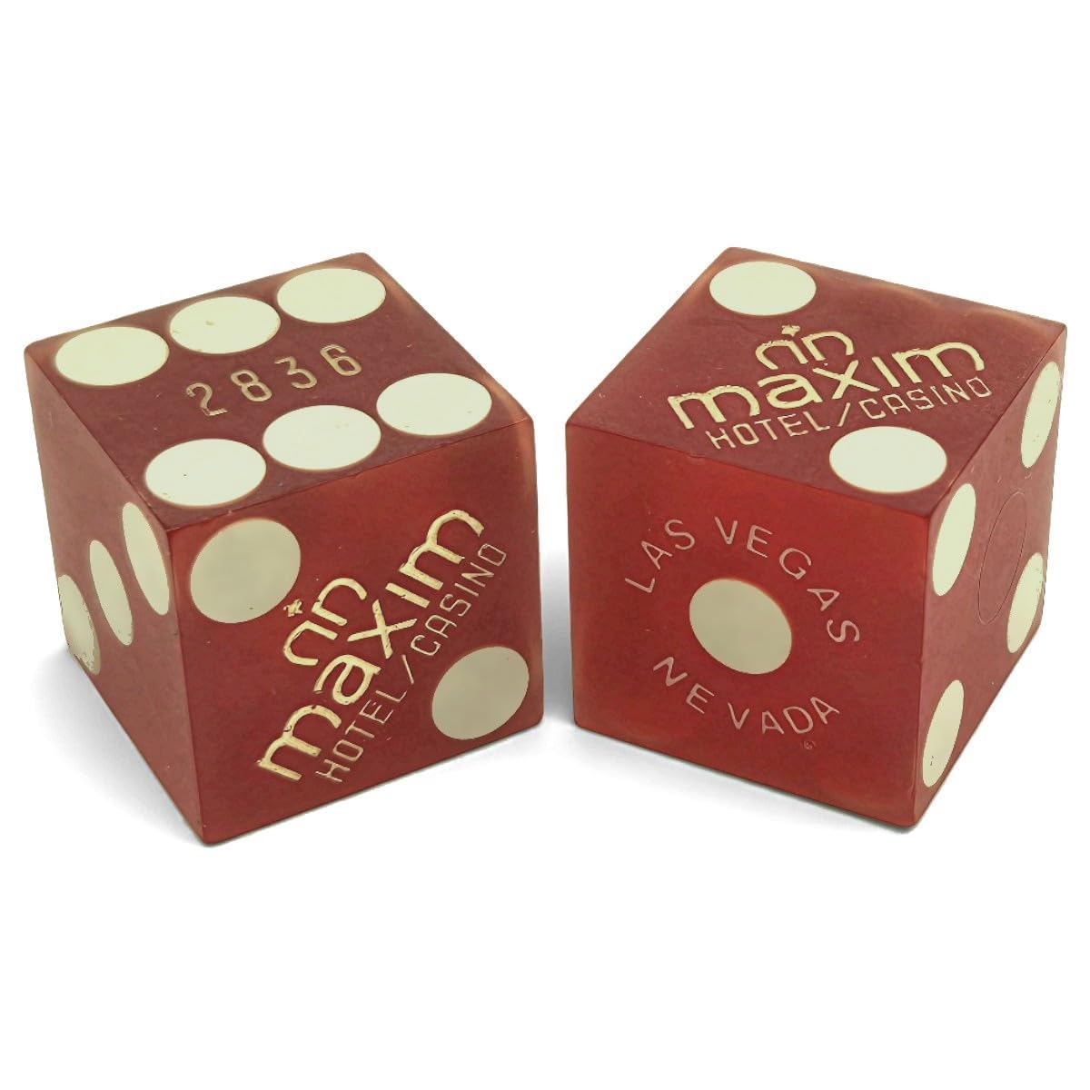 Wide Selection Authentic Las Vegas Casino Table-Played Craps Dice Pairs, Matching Serial Numbers (Maxim - Red Frosted) — image 1