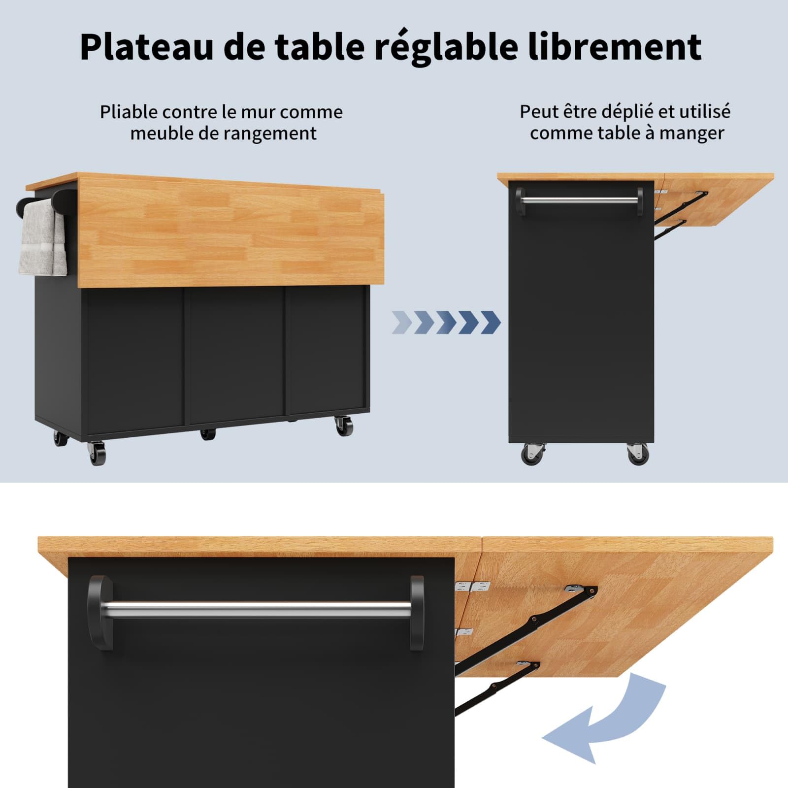 KOMHTOM ilot de Cuisine, ilot Central Cuisine, Chariot de Salle à Manger, Porte-Serviettes Latéral, Séparateurs Réglables, Plateau de Table Pliable, 2 Tiroirs, 4 Portes (Noir-7)