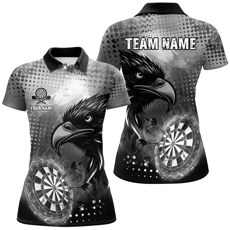 Personalisierte graue Dartboard-Feuer-Adler-Dartshirts für Herren & Damen, Coole Dart-Team-Trikots T1864