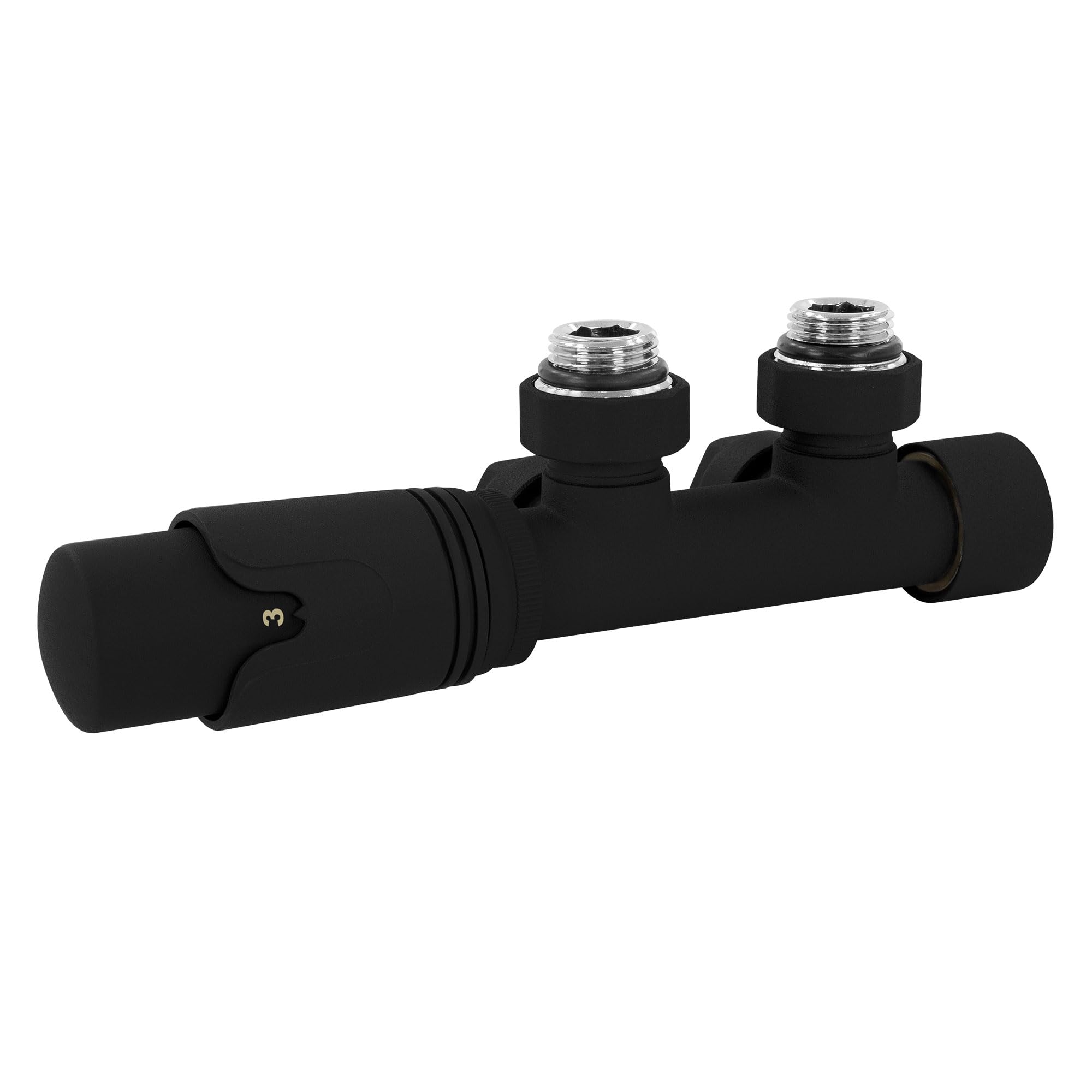 LuxeBath Ventil-Armaturen Set Multiblock Schwarz Eckform Rohre aus Wand mit Thermostatkopf für Badheizkörper Mittelanschluss Anschlussgarnitur Anschlussarmatur Hahnblock Heizkörperventil Eckausführung