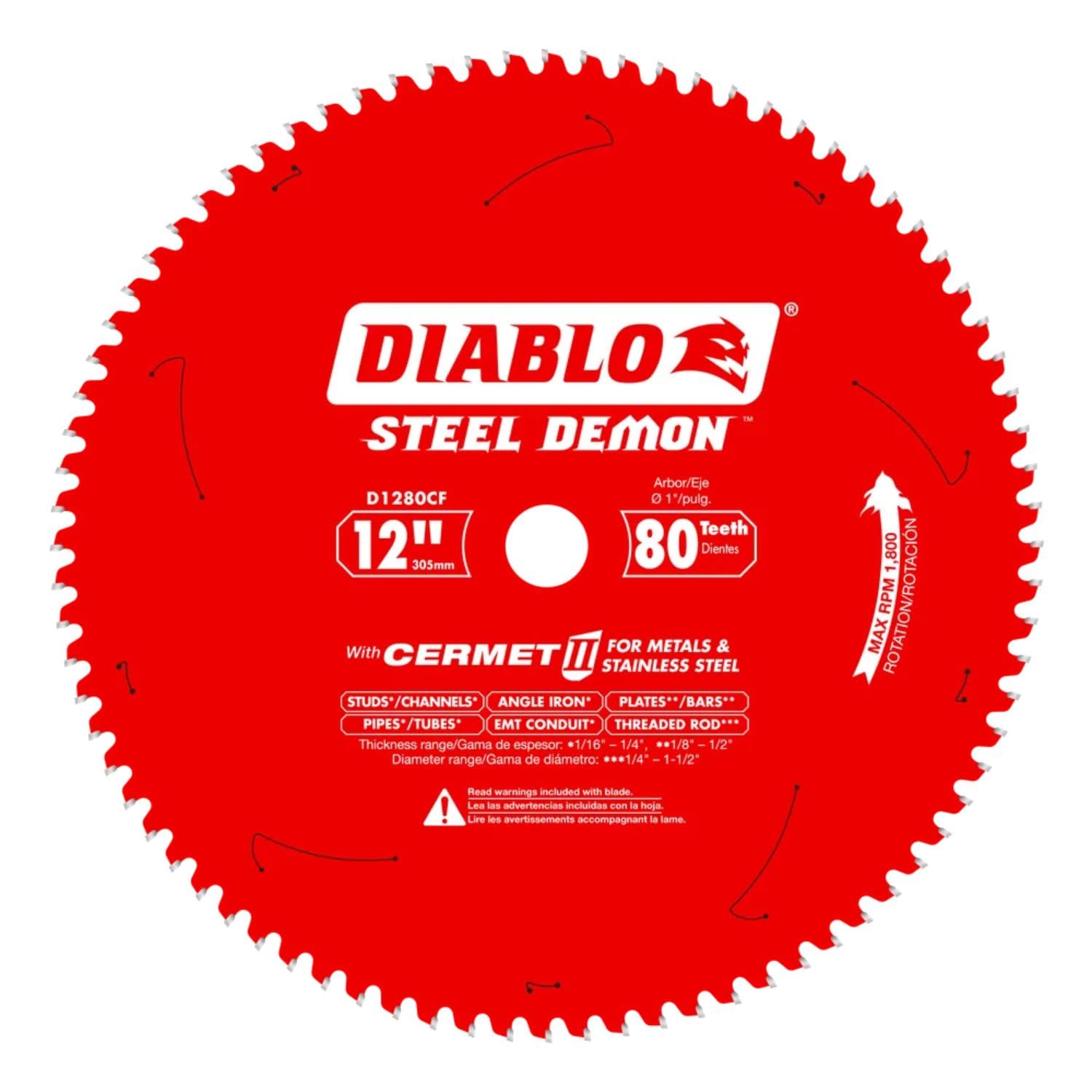 Diablo Steel Demon Cermet II Saw Blade for Thin Metal - 12" Diameter, 80 TCG Teeth, 1" Arbor, .083" Kerf, 0° Hook Angle, .0.71" Plate, 1800 Max RPM - D1280CF