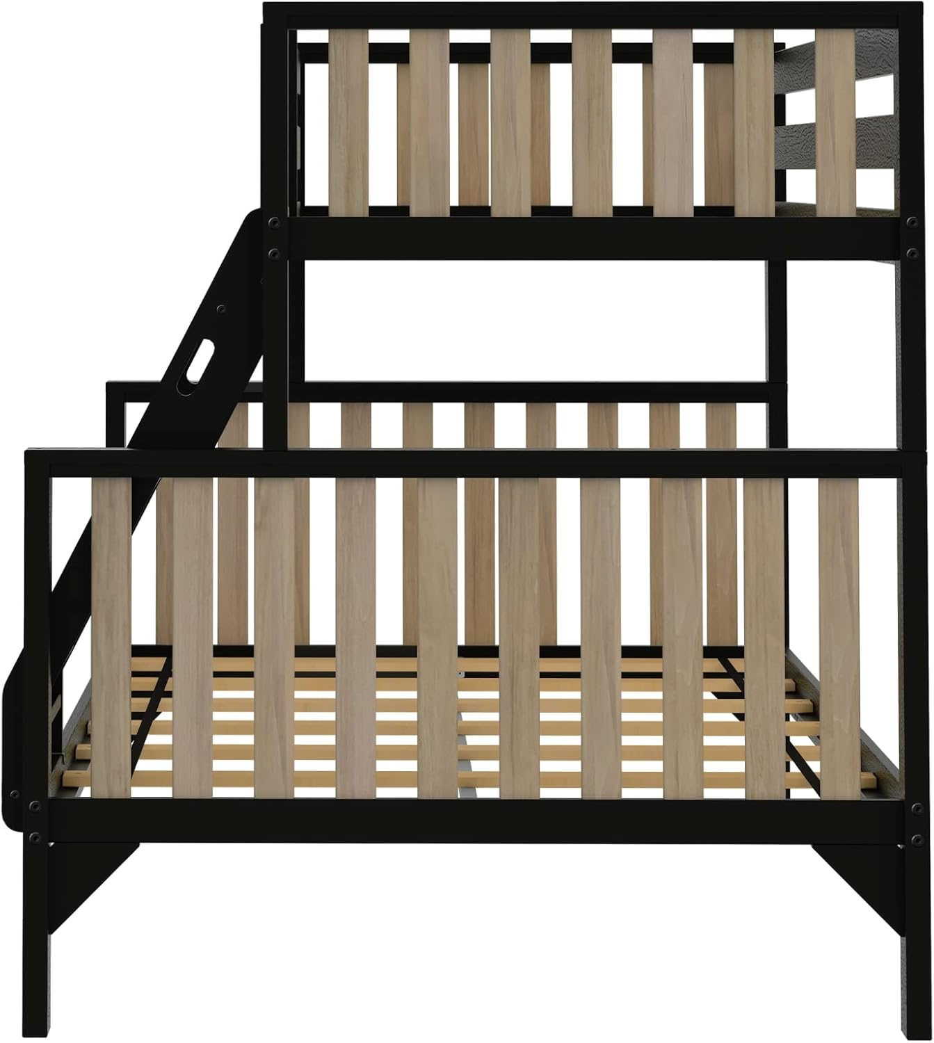 Max & Lily Bunk Bed, Scandinavian Modern Bunk Bed, Solid Wood Twin Over Full Bed Frame for Kids, No Box Spring Needed, Black/Blonde