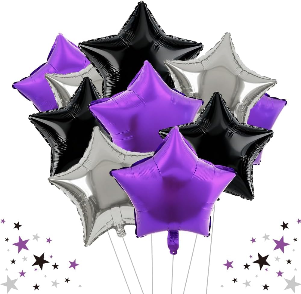 DecoGlee 15Pcs 18 Inch Large Black Silver Purple Star Shape Foil Balloons Big Stars Helium Mylar Ballons for Birthday Wedding Bridal Shower Anniversary Engagement Party Decorations Supplies