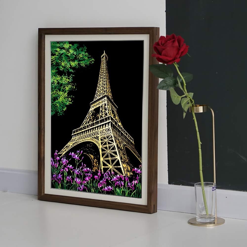 MUGIT 2 Pack Scratch Art Rainbow Painting Paper, Sketch Pad DIY Night View Scratchboard for Teen & Adults, Engraving Art & Craft Set, Painting Creative Gift, 16'' x 11.2'' (Eiffel Tower/Big Ben)