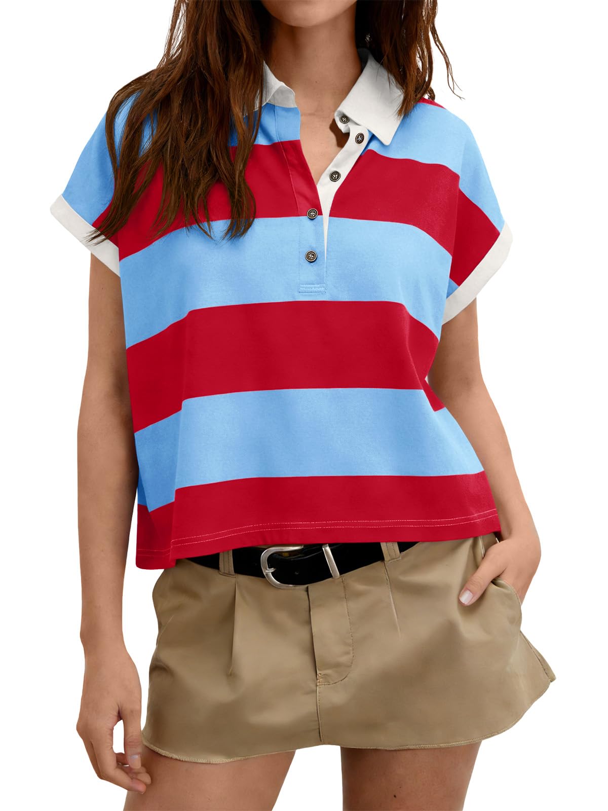 Tankaneo Womens Short Sleeve Rugby Shirt Collared Striped Polo Shirts Tops