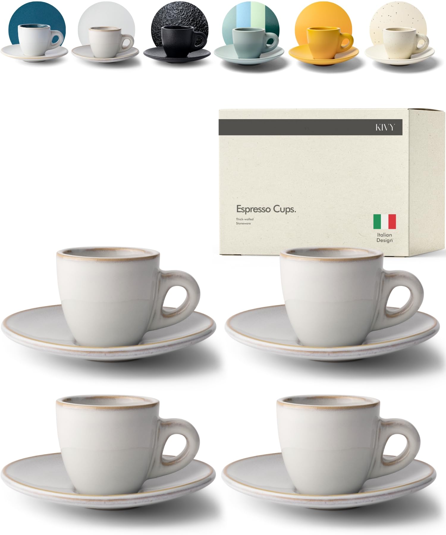 KIVY 3 oz Stoneware Espresso Cup Set of 4 - Italian Style Demitasse Cups and Saucers - Thick Walled Grey