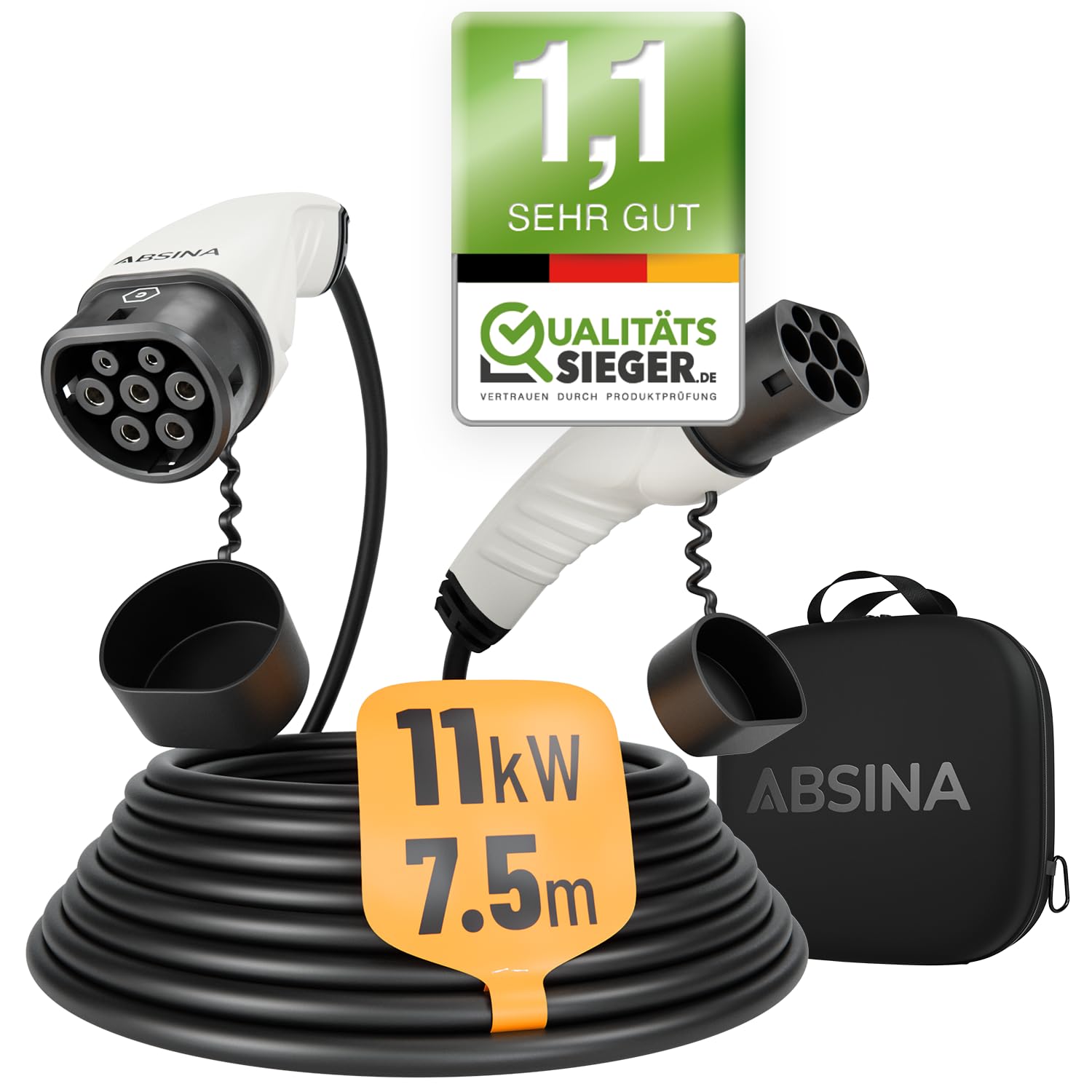 ABSINA Type 2 laadkabel elektrische auto - 5 meter type 2 kabel voor het opladen van hybride & E auto aan laadzuilen IEC62196-2 - elektrische voertuiglaadkabel 3 fasen met 11 kW, 16 ABSINA Type 2 laadkabel elektrische auto - 5 meter type 2 kabel voor het opladen van hybride & E auto aan laadzuilen IEC62196-2 - elektrische voertuiglaadkabel 3 fasen met 11 kW, 16