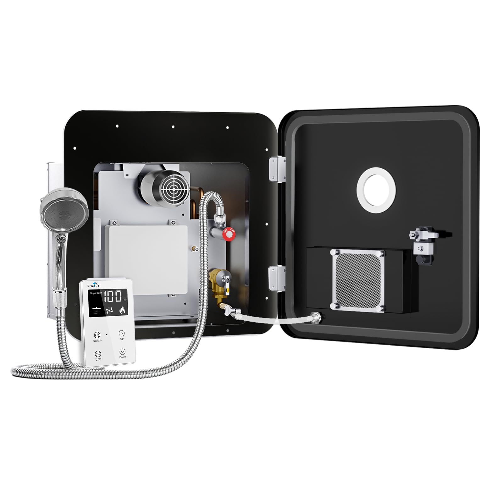 RV Tankless Water Heater Propane with 18x18 Door, Black, DC 12V