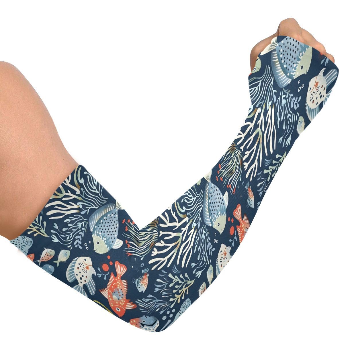 ALAZA Ocean Fish Navy Blue Gardening Sleeves Cooling Arm Sleeves Sun Protection Thumb Hole Arm Covers for Women Men