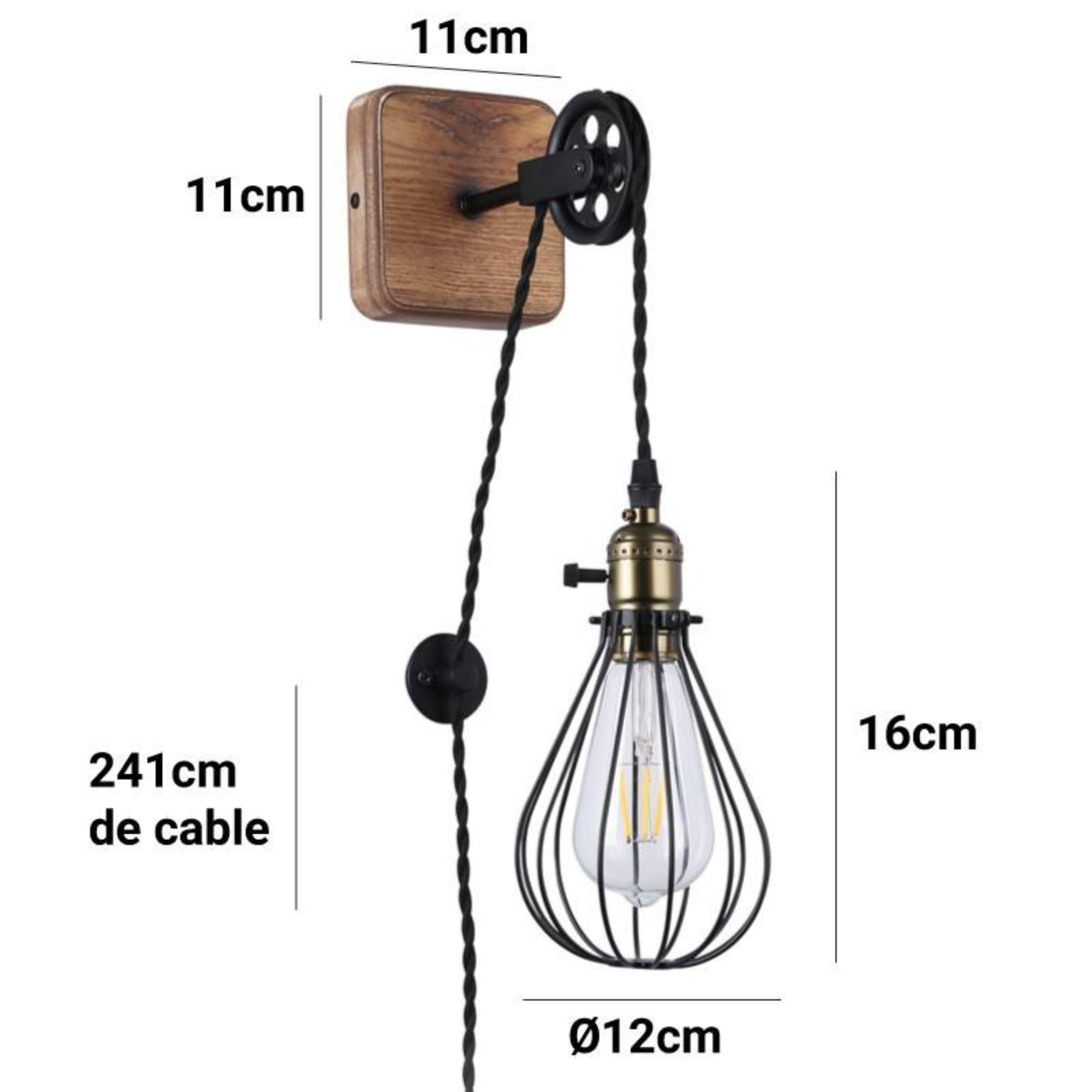 B·LED BARCELONA LED BarcelonaLED Applique Murale Vintage Bois avec Prise de Câble et Interrupteur Poulie Industrielle Suspendue Support de Lampe Cage E27 Socket