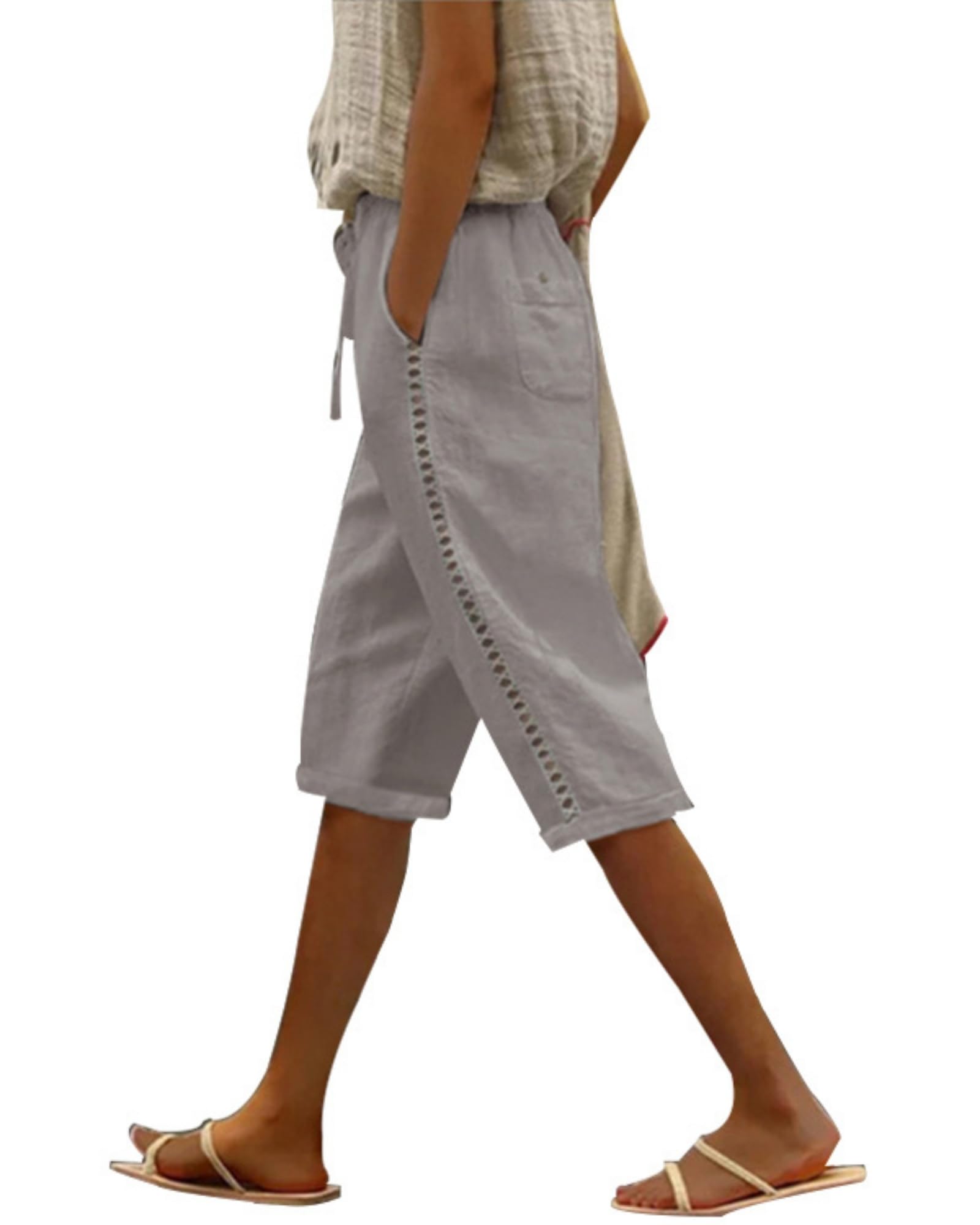 QANSI Women's Cotton Linen Shorts 2025 Casual Loose Knee Length Beach Pants Summer Drawstring Bermuda Shorts with Pockets