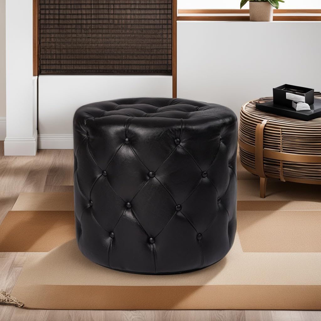 Rugsotic Carpets Round Shaped Wood & Leather Handmade Eco-Friendly Black Ottoman - Round Shape Ottoman, 22.5"x22.5"x21", Plain Solid Ottoman, Wood & Leather Ottoman, Leather Seating Ottoman AH07