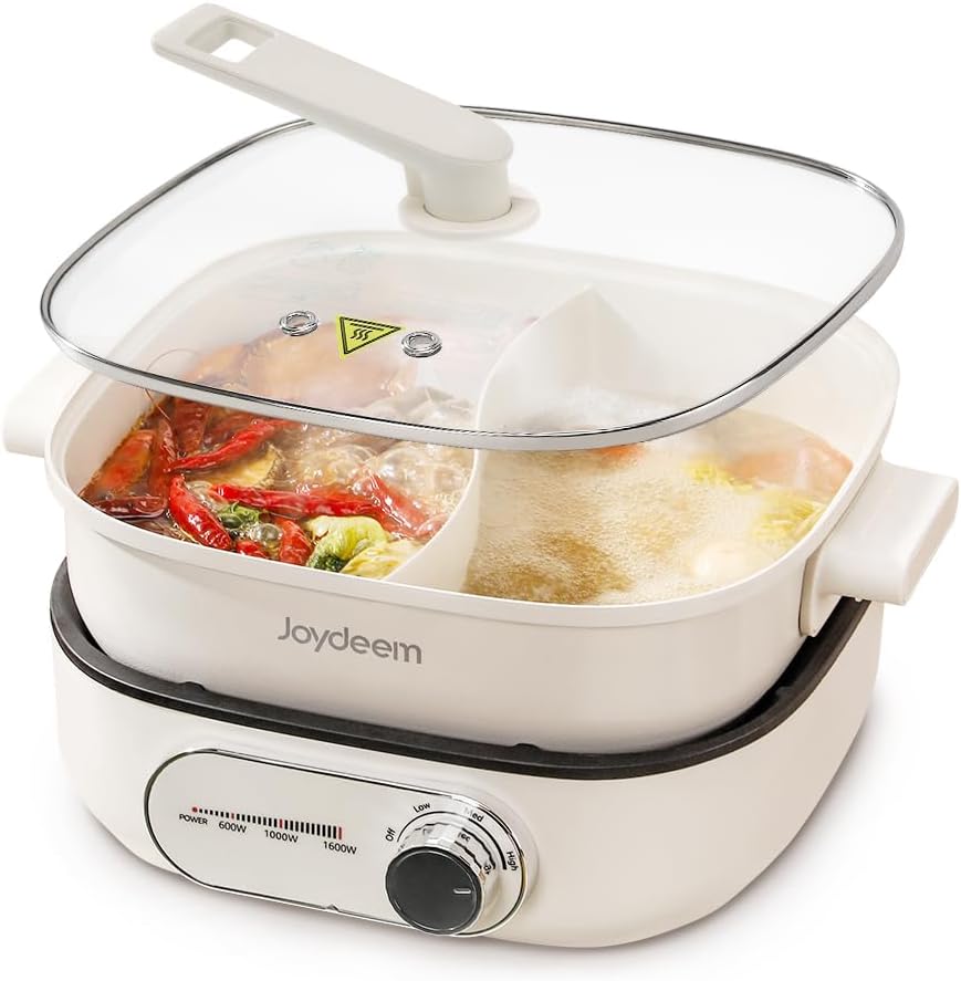 Joydeem Electric Hot Pot with Divider, 6L/6.3 qt Double-Flavor Shabu Shabu Pot, UL Listed & Boil-dry Protection, Suitable for 2-6 People, DHG-B600