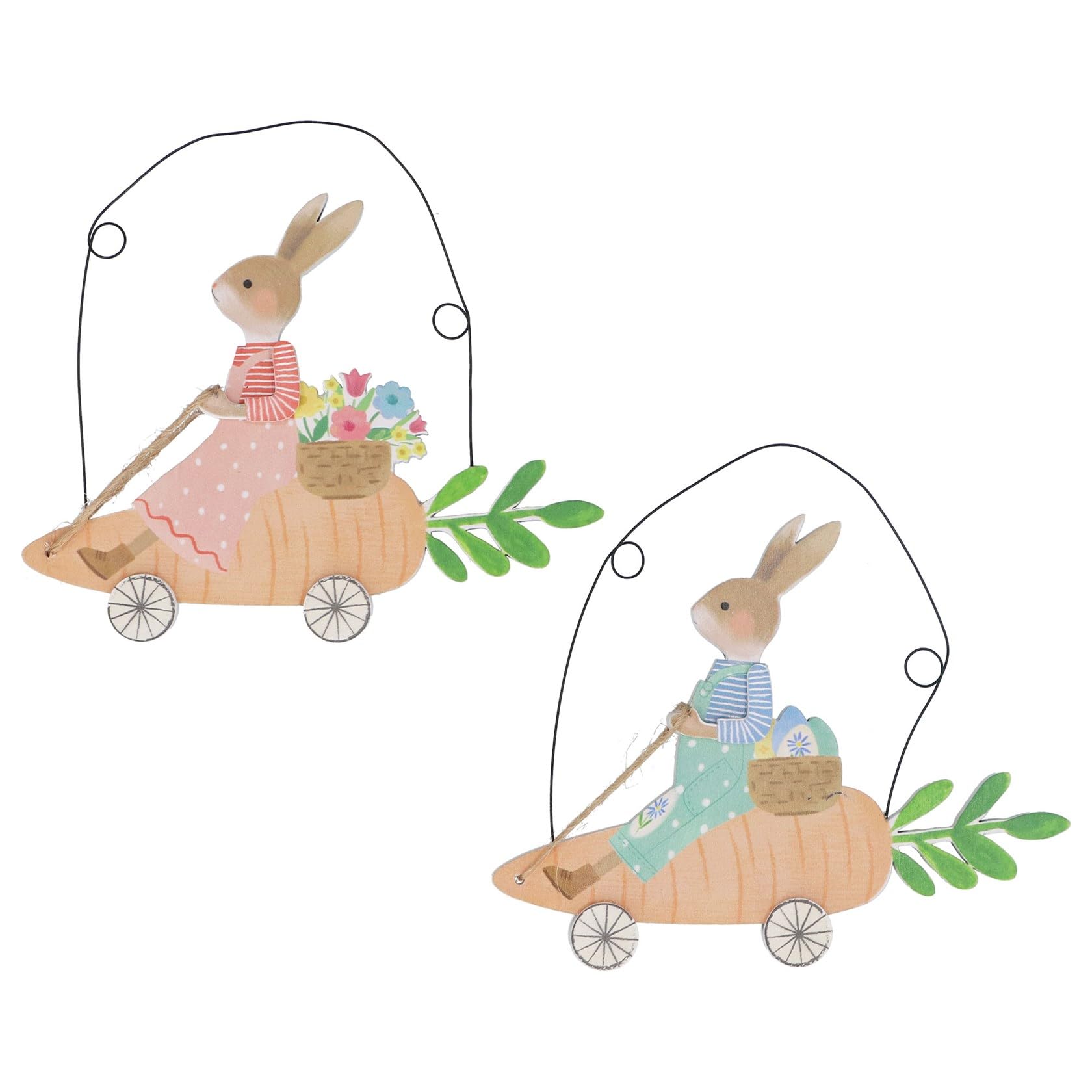 Gisela Graham Bunnies Riding Carrots Wooden Easter Spring Hanging Decorations
