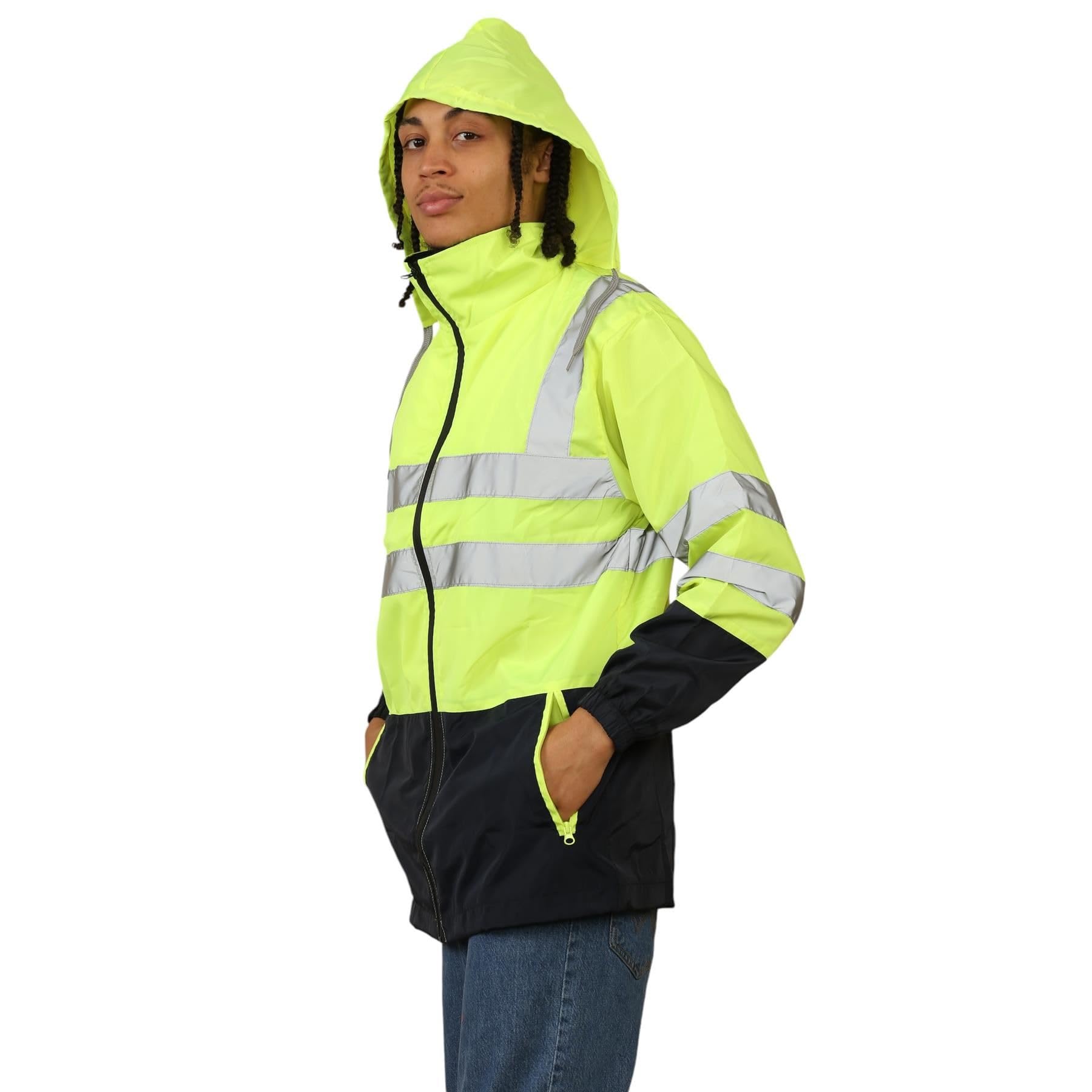 Janisramone® Chaqueta impermeable de alta visibilidad para hombre, chaqueta de trabajo con capucha reflectante y colores en contraste