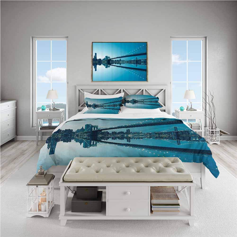 Duvet Cover Set King Size Apartment Decor New York City Manhattan Skyline Panorama Monochrome Picture Modern Home Artwork Blue White Cover Sets 3 Pieces (1Duvet Cover + 2Pillow Shams), 104x90 inch