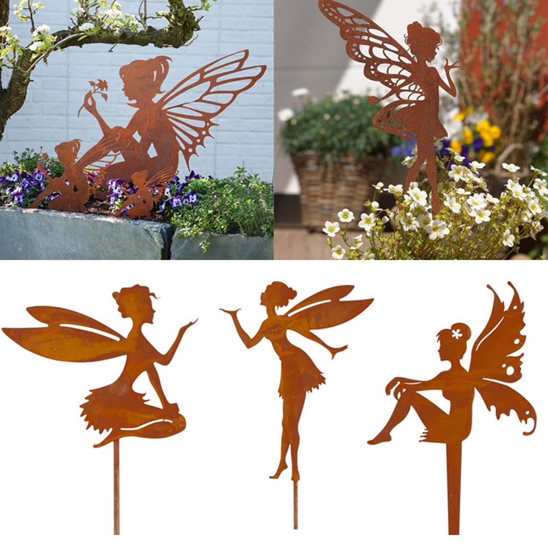 Ensemble de 3 Statuettes de Fées en métal rouillé pour Le Jardin, décorations décoratives avec Elfe Assis sur bâton et Piquet Jardin, Parfait pour embellir Vos espaces extérieurs.