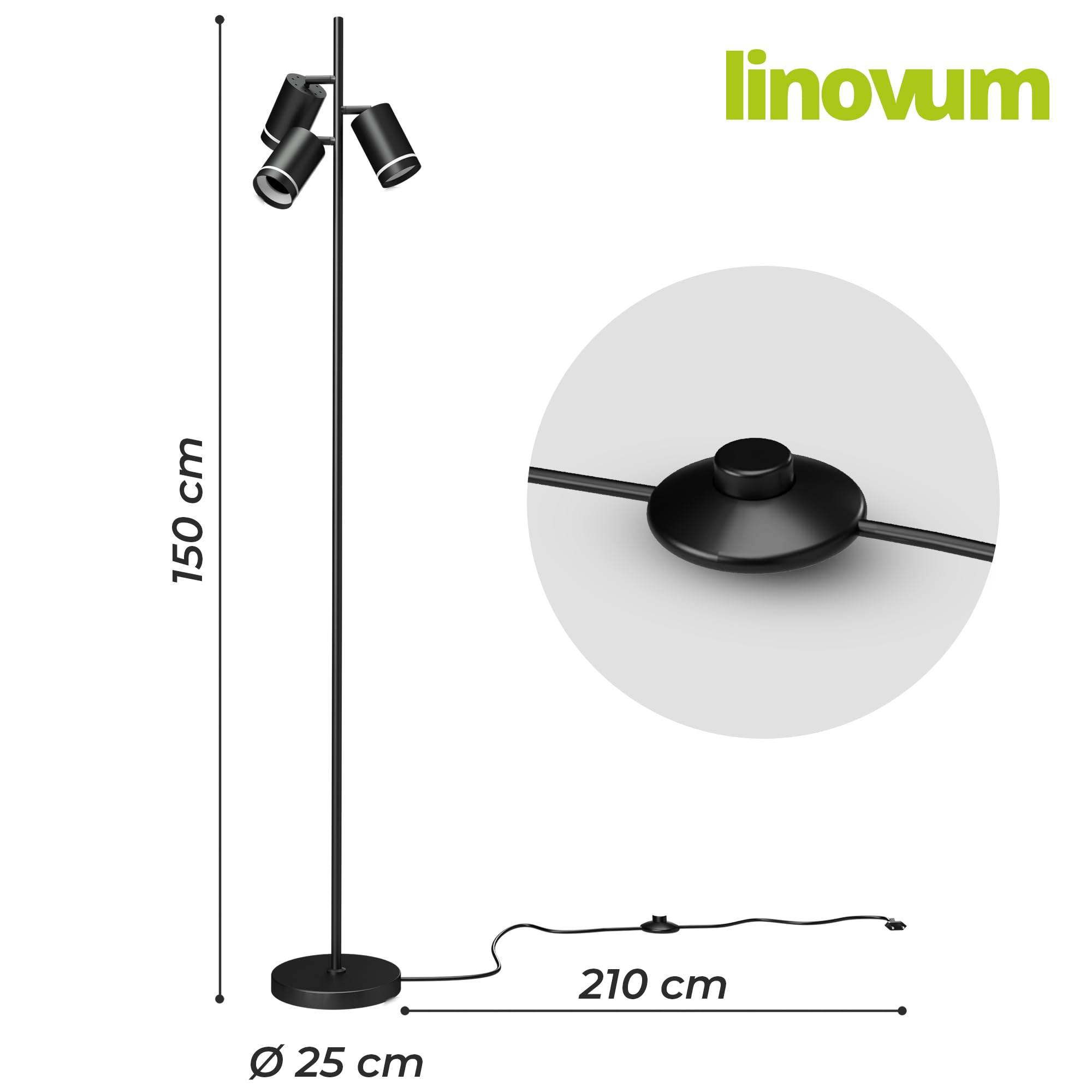 linovum TAVIRA Stehleuchte Wohnzimmer 3-flammig - moderne Standlampe schwarz drehbar mit Fußtaster für 3x GU10 Leuchtmittel