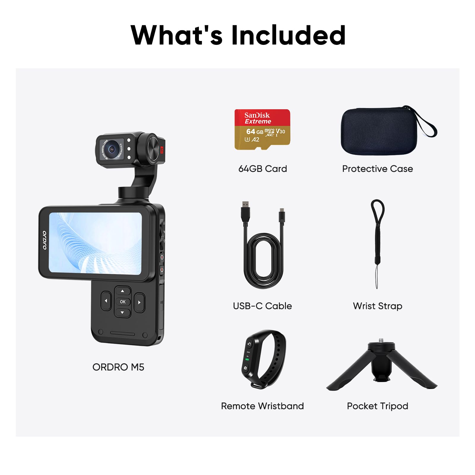 ORDRO M5 Pack para Creadores​​, Estabilización de 3 Ejes, Cámara de Video Portátil con Sensor CMOS de 1/2.5'' y Video 4K 60fps, Pantalla Táctil Giratoria de 3.5 Pulgadas, Cámara para Vlogs de YouTube